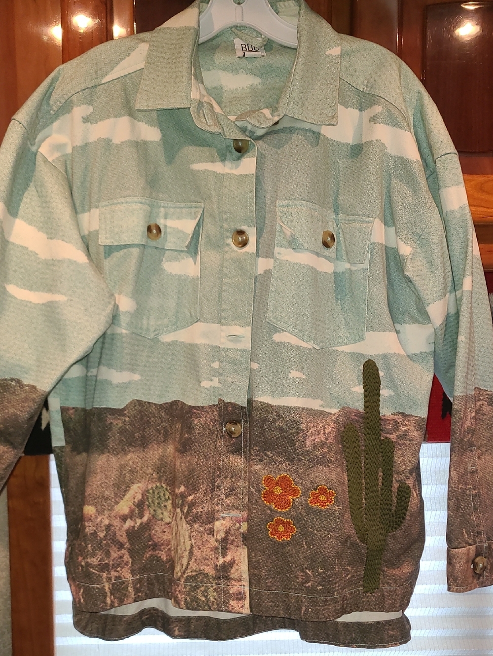 BDG Light Blue and White Canvas Shirt Jacket with Embroidered Desert Scene